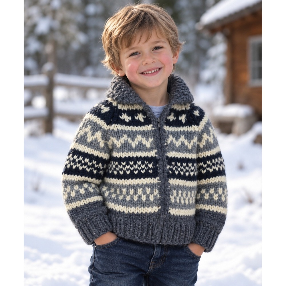 Hand Knit Kids Wool Fair Isle Zip Cardigan Sweater Blue Grey Nordic Chunky